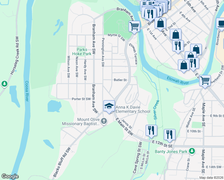 map of restaurants, bars, coffee shops, grocery stores, and more near 508 Harper Avenue Southwest in Rome