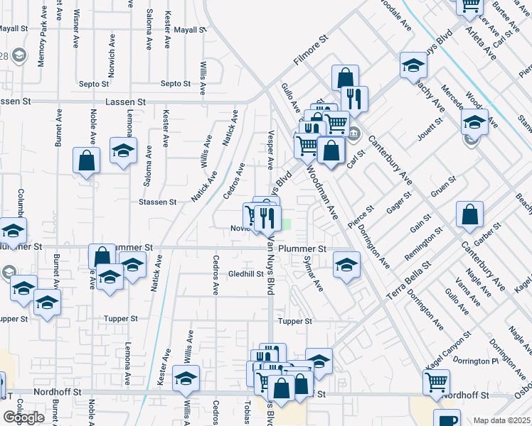 map of restaurants, bars, coffee shops, grocery stores, and more near 9605 Van Nuys Boulevard in Los Angeles