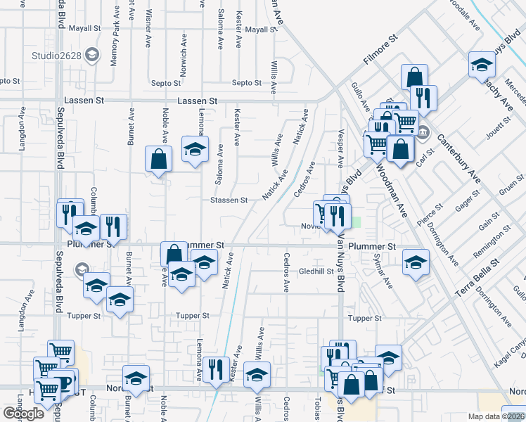 map of restaurants, bars, coffee shops, grocery stores, and more near 9628 Natick Avenue in Los Angeles