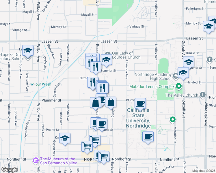 map of restaurants, bars, coffee shops, grocery stores, and more near 18416 Halsted Street in Los Angeles