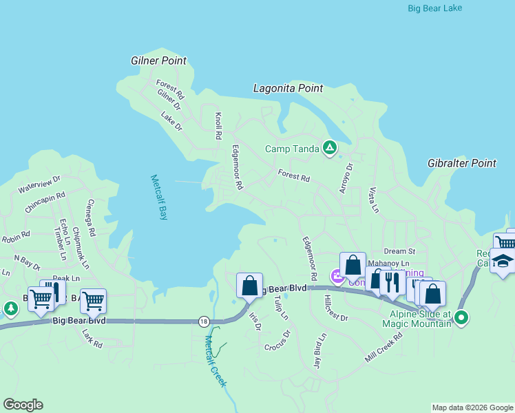 map of restaurants, bars, coffee shops, grocery stores, and more near 448 Edgemoor Road in Big Bear Lake