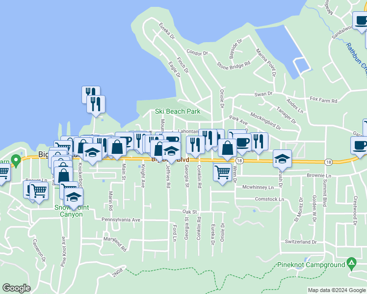 map of restaurants, bars, coffee shops, grocery stores, and more near 450 Georgia Street in Big Bear Lake