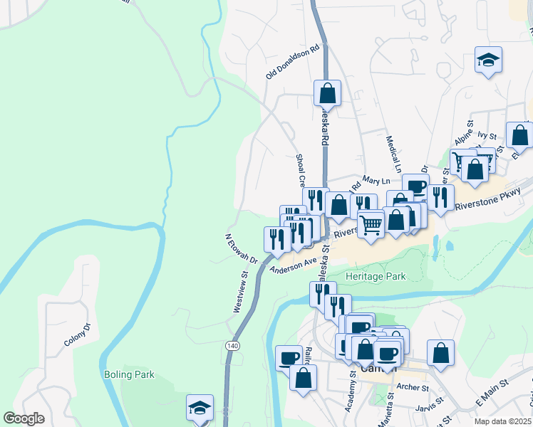 map of restaurants, bars, coffee shops, grocery stores, and more near 215 North Etowah Court in Canton