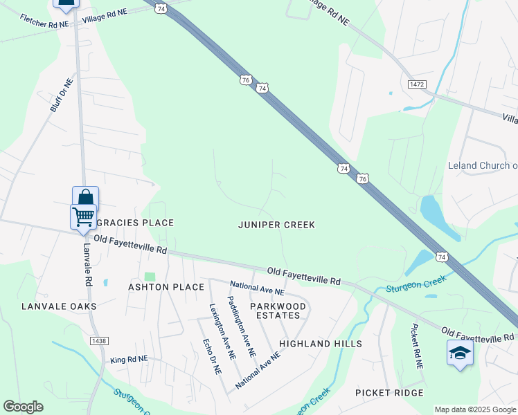 map of restaurants, bars, coffee shops, grocery stores, and more near 1203 Hidden Creek Drive in Leland
