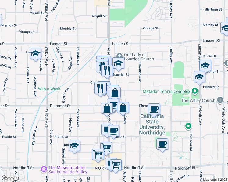 map of restaurants, bars, coffee shops, grocery stores, and more near 9550 Reseda Boulevard in Los Angeles