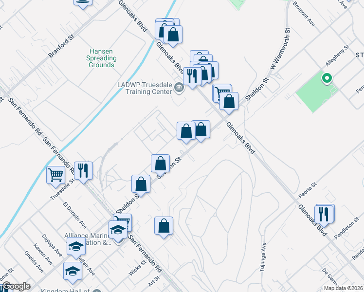 map of restaurants, bars, coffee shops, grocery stores, and more near 11693 Sheldon Street in Los Angeles