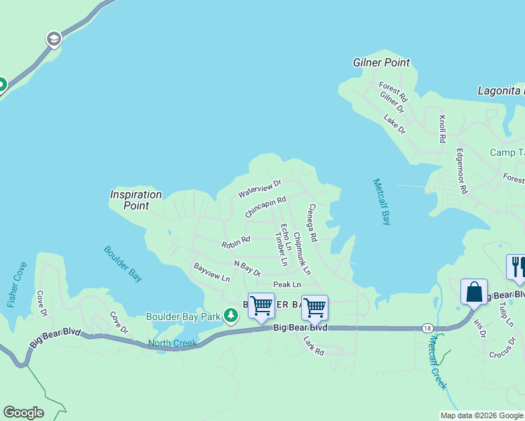 map of restaurants, bars, coffee shops, grocery stores, and more near 39172 Chincapin Road in Big Bear Lake