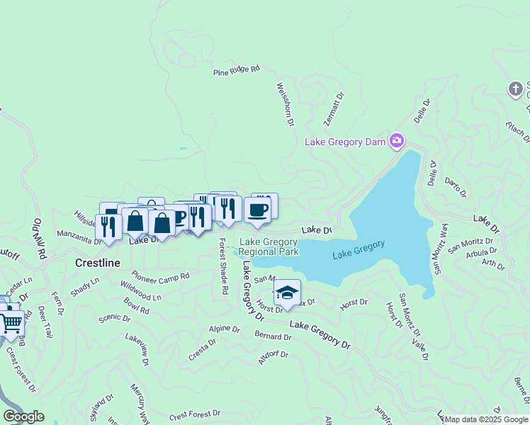 map of restaurants, bars, coffee shops, grocery stores, and more near 24191 Zell Court in Crestline