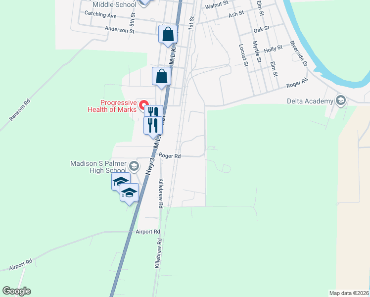 map of restaurants, bars, coffee shops, grocery stores, and more near 334 Roger Road in Marks