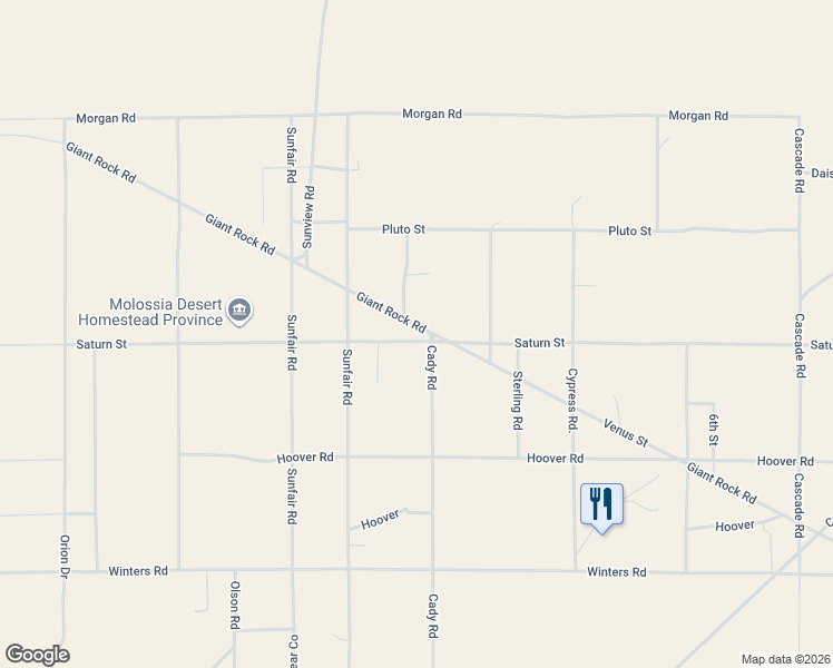 map of restaurants, bars, coffee shops, grocery stores, and more near 65125 Saturn Street in Joshua Tree