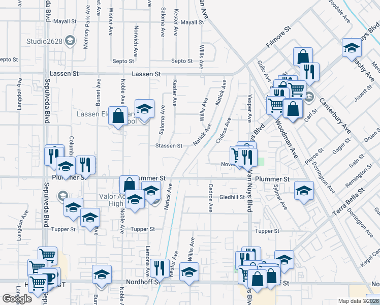 map of restaurants, bars, coffee shops, grocery stores, and more near 9628 Natick Avenue in Los Angeles