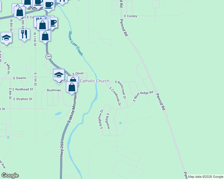 map of restaurants, bars, coffee shops, grocery stores, and more near 561 South Creekside Drive in Show Low
