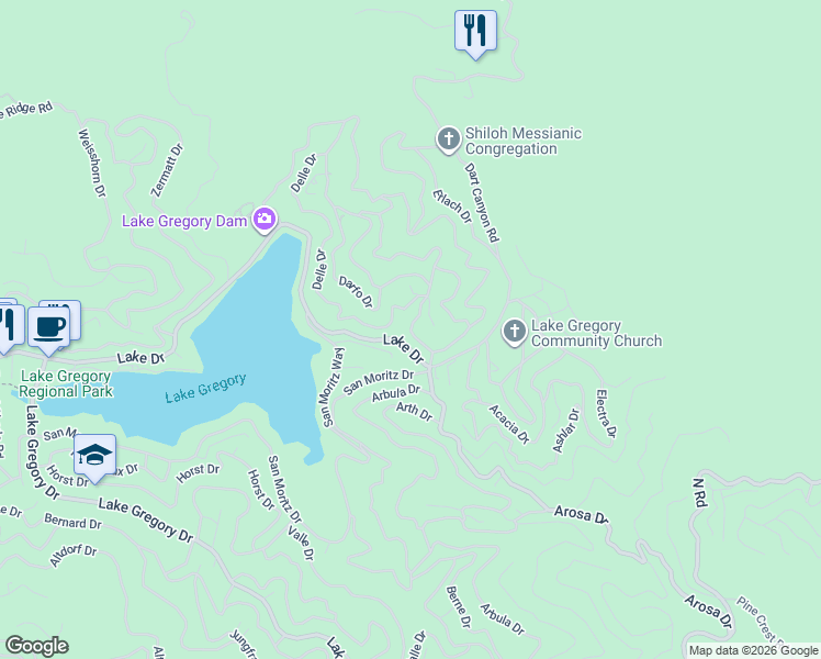 map of restaurants, bars, coffee shops, grocery stores, and more near 462 Davos Drive in Crestline