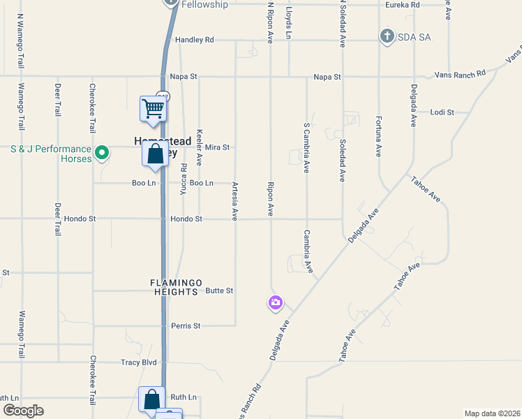 map of restaurants, bars, coffee shops, grocery stores, and more near 56476 Hondo Street in Yucca Valley