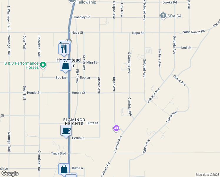 map of restaurants, bars, coffee shops, grocery stores, and more near 476 Ripon Avenue in Yucca Valley