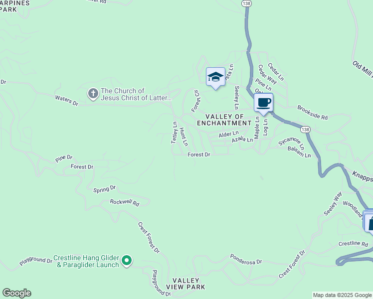 map of restaurants, bars, coffee shops, grocery stores, and more near 480 Hunt Lane in Crestline