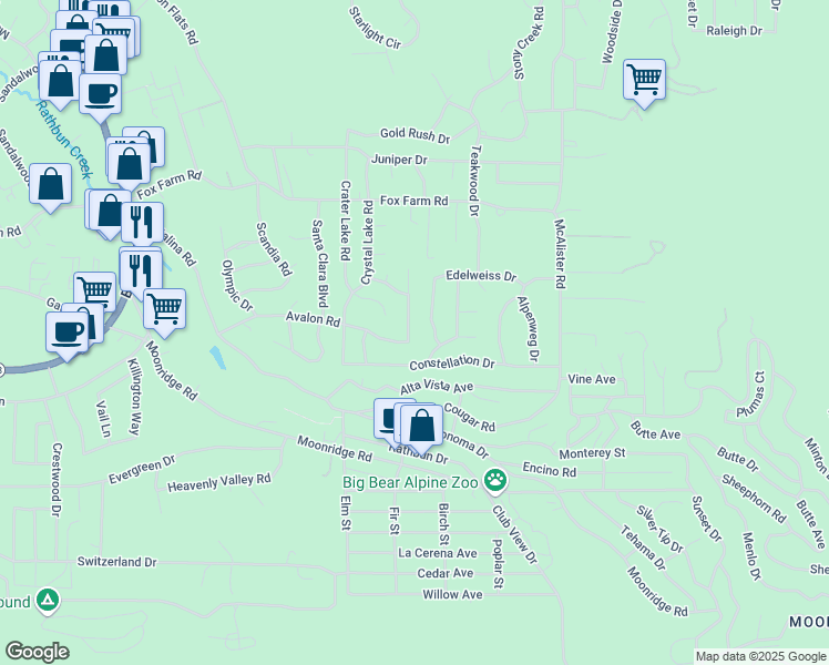 map of restaurants, bars, coffee shops, grocery stores, and more near 421 Northern Cross Drive in Big Bear Lake