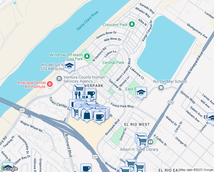 map of restaurants, bars, coffee shops, grocery stores, and more near 606 Green River Street in Oxnard