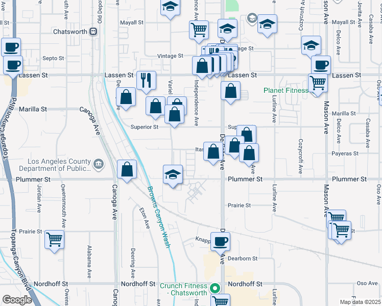map of restaurants, bars, coffee shops, grocery stores, and more near 21001 Plummer Street in Los Angeles