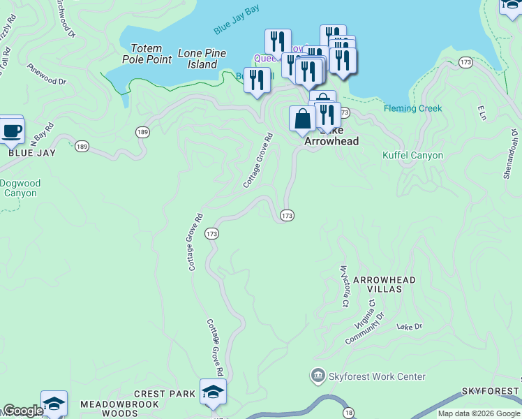 map of restaurants, bars, coffee shops, grocery stores, and more near 465 California 173 in Lake Arrowhead
