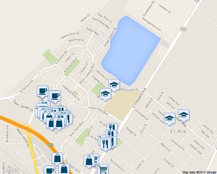 map of restaurants, bars, coffee shops, grocery stores, and more near 328 Lakeview Court in Oxnard