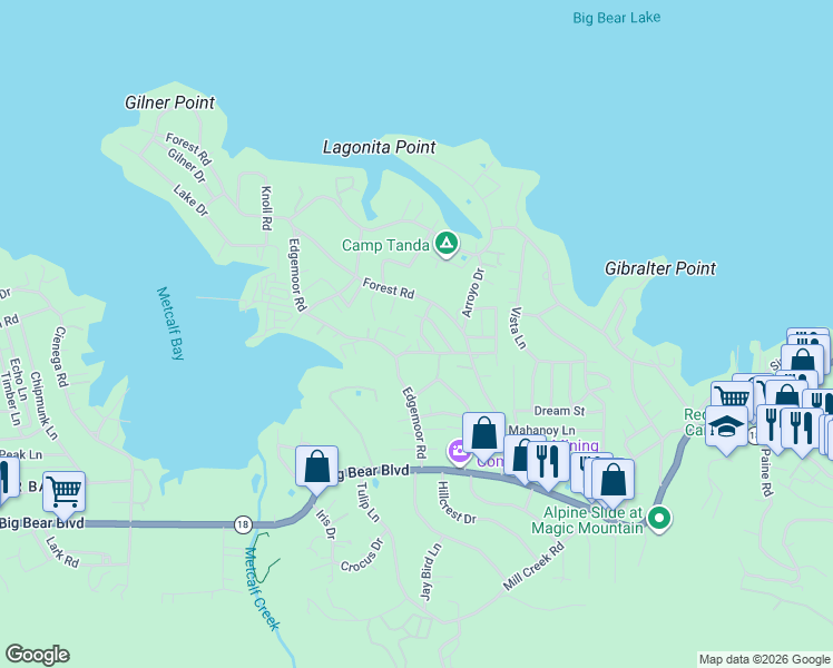 map of restaurants, bars, coffee shops, grocery stores, and more near 446 Shady Lane in Big Bear Lake