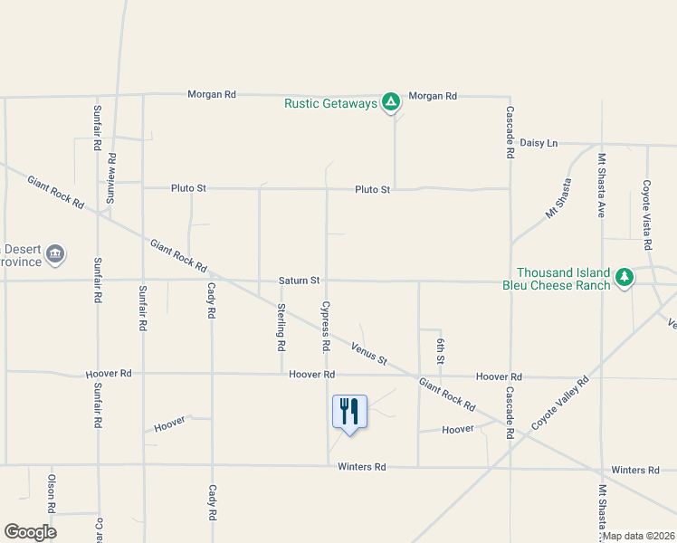 map of restaurants, bars, coffee shops, grocery stores, and more near 410 Cypress Road in Joshua Tree