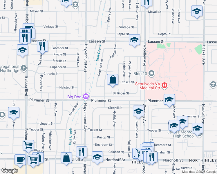 map of restaurants, bars, coffee shops, grocery stores, and more near 16432 Halsted Street in Los Angeles