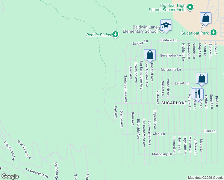 map of restaurants, bars, coffee shops, grocery stores, and more near 44185 Tim Ron in Big Bear