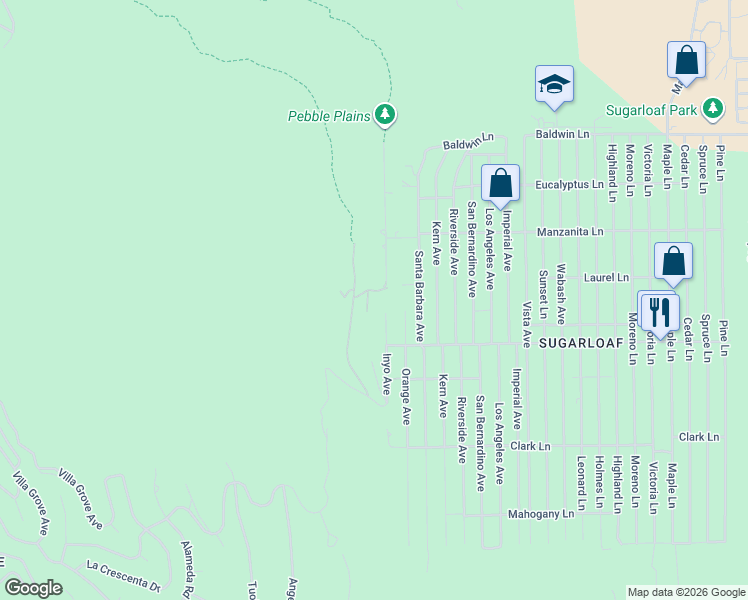 map of restaurants, bars, coffee shops, grocery stores, and more near 44185 Tim Ron in Big Bear
