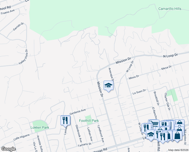 map of restaurants, bars, coffee shops, grocery stores, and more near 16 San Miguel Drive in Camarillo