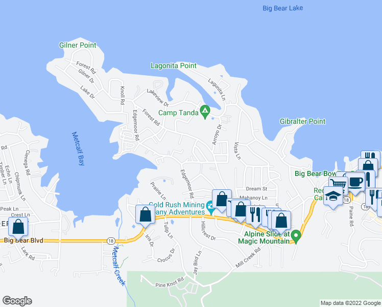map of restaurants, bars, coffee shops, grocery stores, and more near 446 Shady Lane in Big Bear Lake