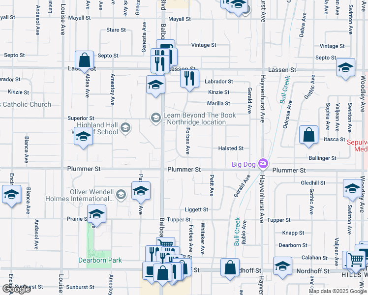 map of restaurants, bars, coffee shops, grocery stores, and more near 9557 Forbes Avenue in Los Angeles