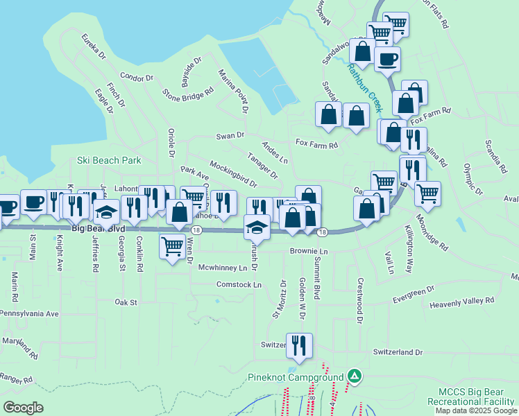 map of restaurants, bars, coffee shops, grocery stores, and more near 41704 Park Avenue in Big Bear Lake