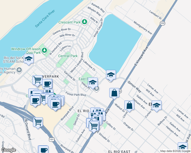 map of restaurants, bars, coffee shops, grocery stores, and more near 328 Lakeview Court in Oxnard