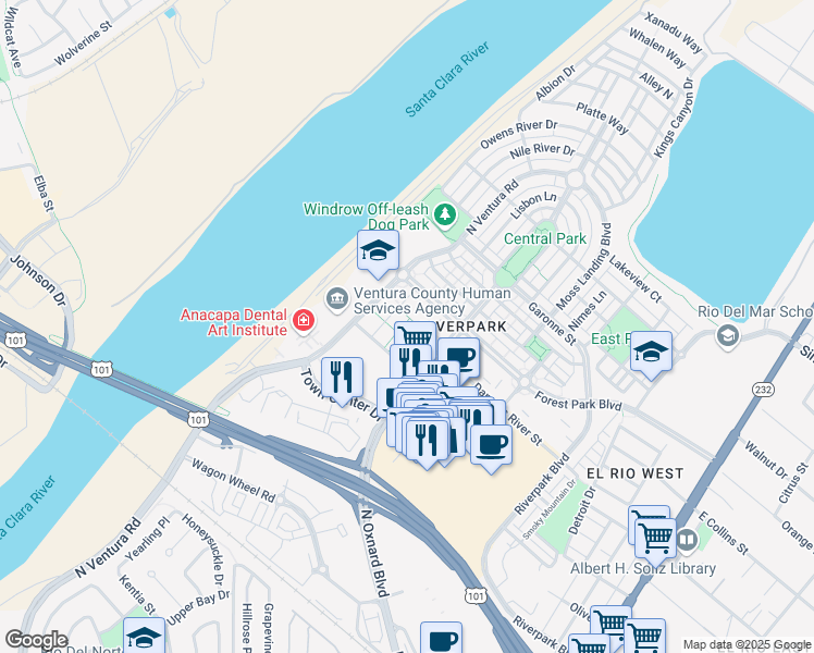 map of restaurants, bars, coffee shops, grocery stores, and more near 762 Forest Park Boulevard in Oxnard