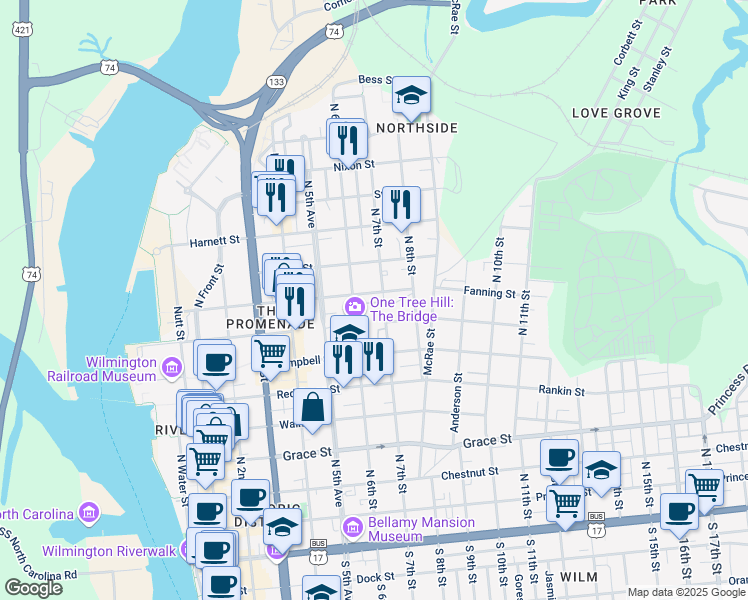 map of restaurants, bars, coffee shops, grocery stores, and more near 802 North 7th Street in Wilmington