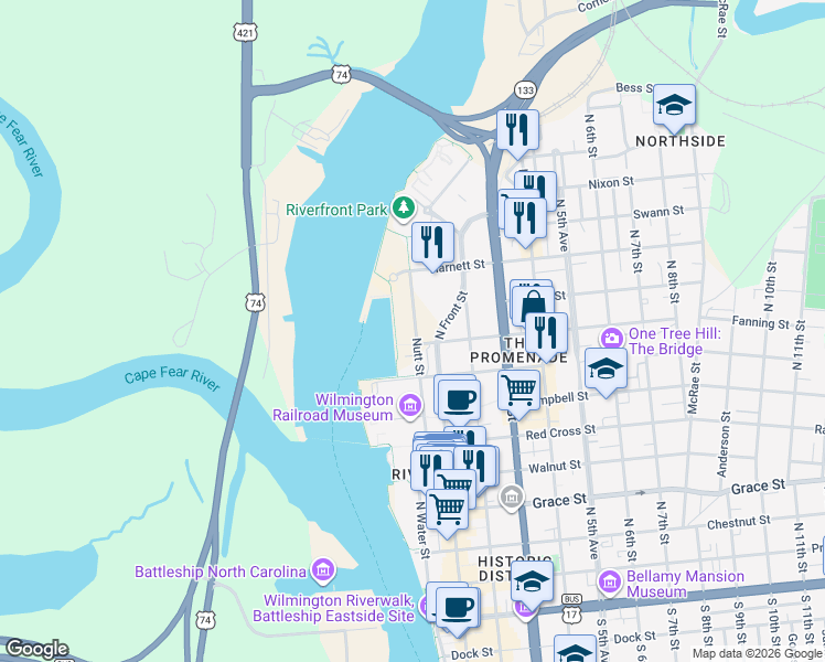map of restaurants, bars, coffee shops, grocery stores, and more near 901 Nutt Street in Wilmington
