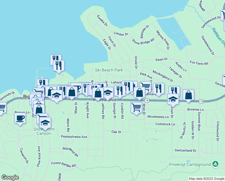 map of restaurants, bars, coffee shops, grocery stores, and more near 423 Jeffries Road in Big Bear Lake