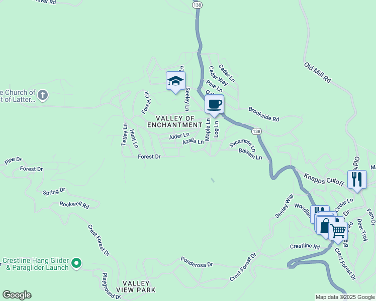 map of restaurants, bars, coffee shops, grocery stores, and more near 22925 Redwood Way in Crestline