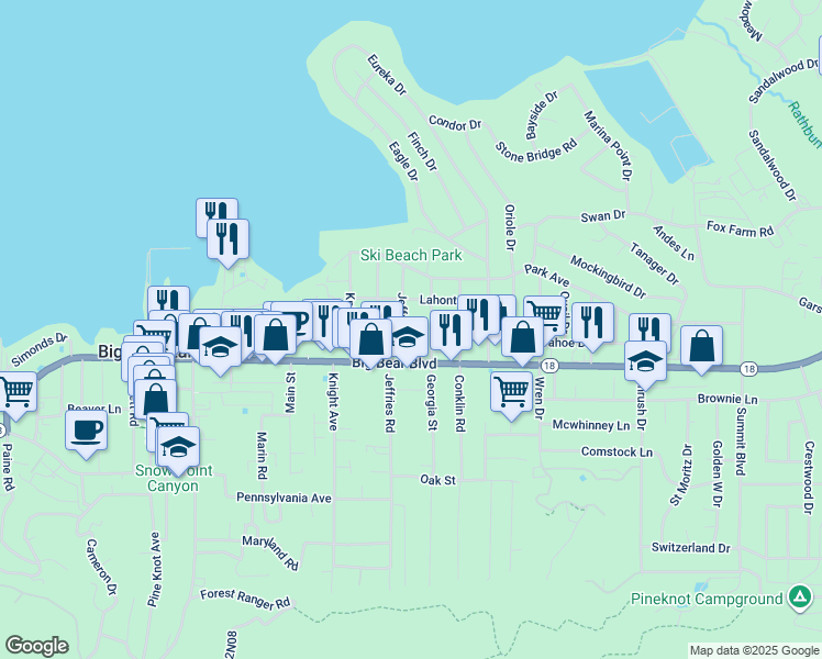 map of restaurants, bars, coffee shops, grocery stores, and more near 439 Jeffries Road in Big Bear Lake