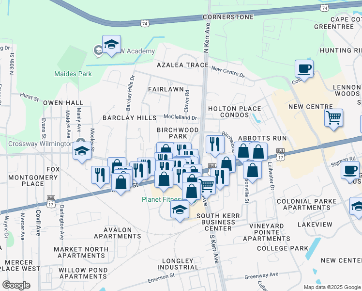 map of restaurants, bars, coffee shops, grocery stores, and more near Birchwood Drive in Wilmington
