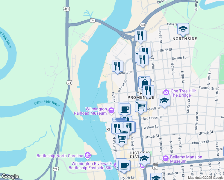 map of restaurants, bars, coffee shops, grocery stores, and more near 901 Nutt Street in Wilmington