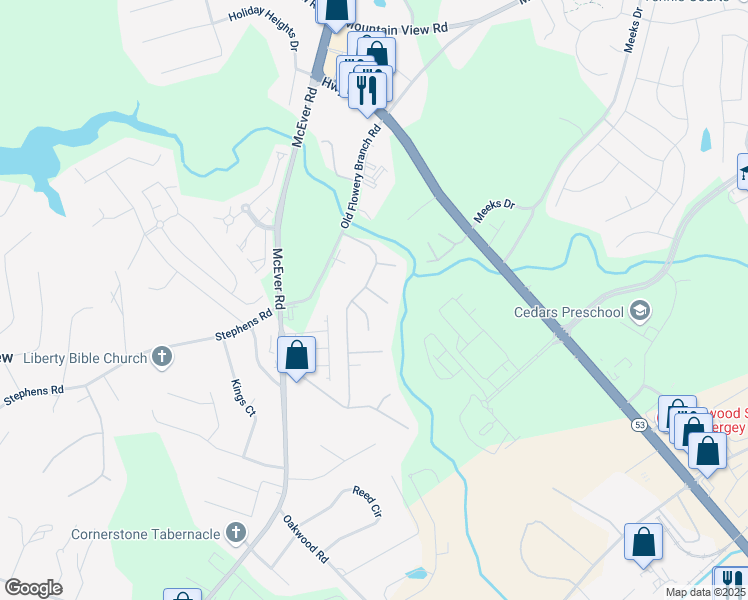 map of restaurants, bars, coffee shops, grocery stores, and more near 5218 Birch Court in Oakwood