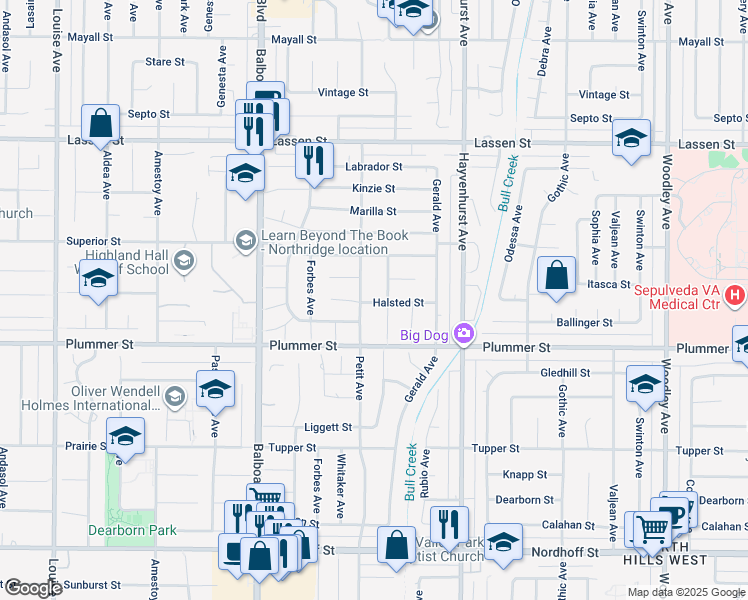 map of restaurants, bars, coffee shops, grocery stores, and more near 16747 Halsted Street in Los Angeles