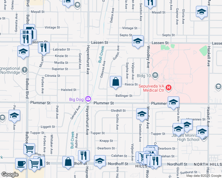map of restaurants, bars, coffee shops, grocery stores, and more near 16432 Halsted Street in Los Angeles
