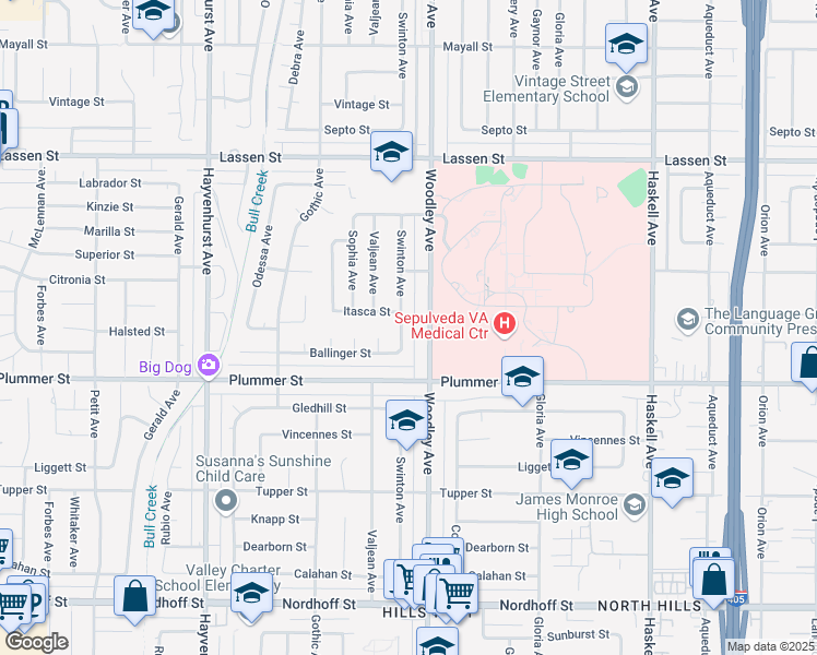map of restaurants, bars, coffee shops, grocery stores, and more near 9558 Swinton Avenue in Los Angeles