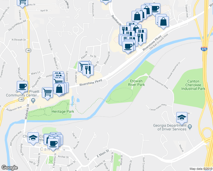 map of restaurants, bars, coffee shops, grocery stores, and more near 103 Riverwatch Court in Canton