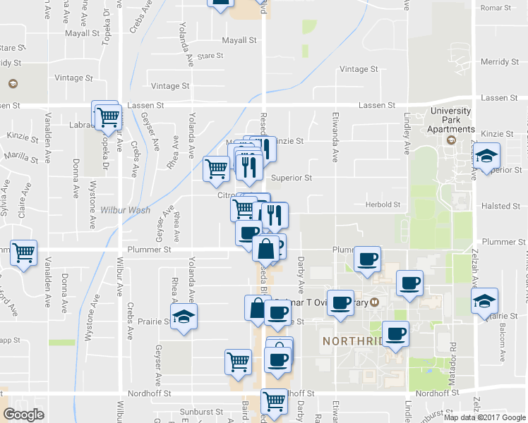 map of restaurants, bars, coffee shops, grocery stores, and more near 9550 Reseda Boulevard in Los Angeles