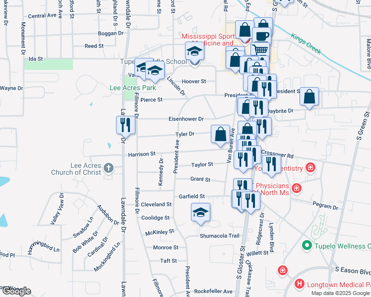 map of restaurants, bars, coffee shops, grocery stores, and more near 924 Harrison Street in Tupelo